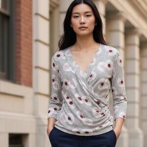 Nic+Zoe Floral Faux Wrap Top Womens Large Petite Khaki Pink Surplice Knit